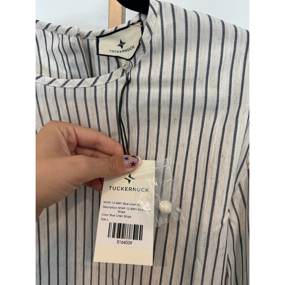 Tuckernuck | Blue Linen Stripe Puff Sleeve Top - Picture 8 of 9